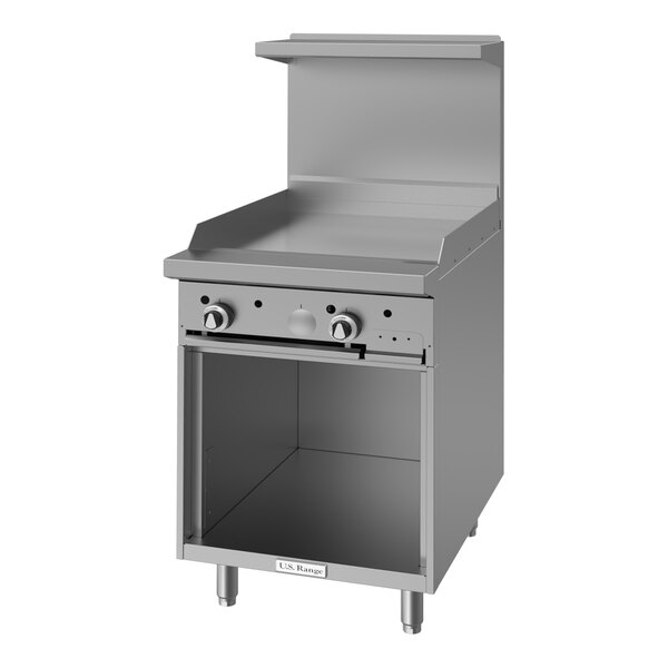 A stainless steel commercial gas range with a manual griddle top and an open cabinet base.