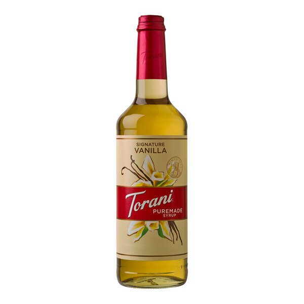 A Torani Puremade Signature Vanilla Flavoring Syrup bottle.