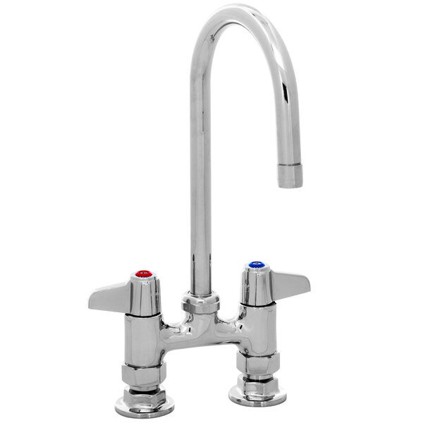 A chrome Equip by T&S deck-mounted faucet with two gooseneck spouts and lever handles.