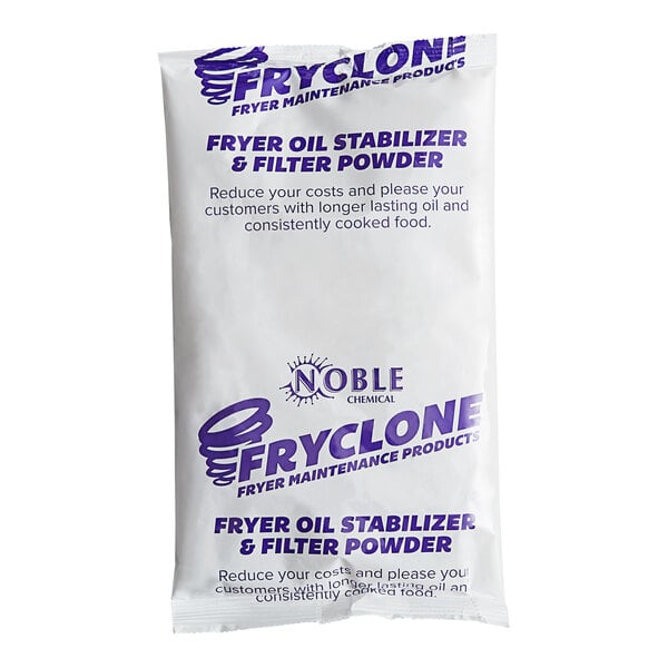 A white bag of Noble Chemical Fryclone fryer oil stabilizer and filter powder with blue and purple text.