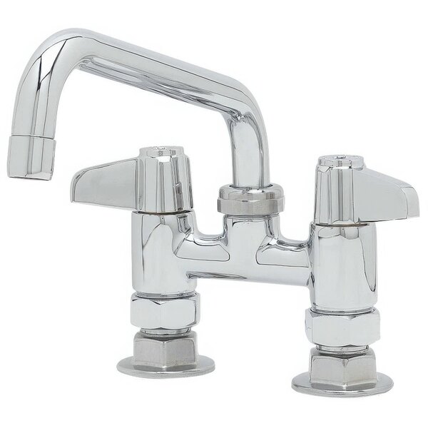 A silver Equip by T&S deck mounted faucet with two lever handles.