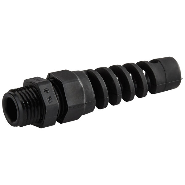 A black plastic pipe with a threaded end.