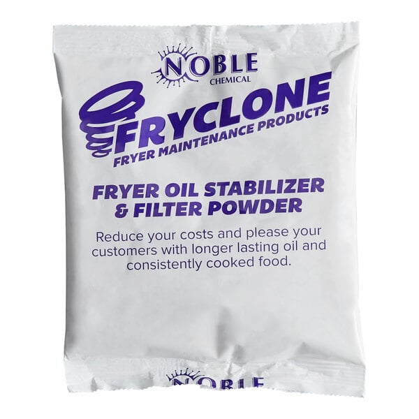 A packet of Noble Fryclone ready-to-use fryer oil stabilizer and filter powder.