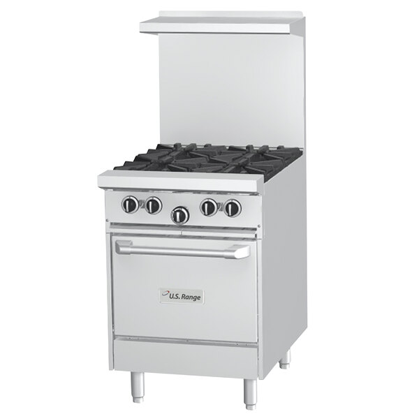 A stainless steel U.S. Range with a griddle and cabinet base.