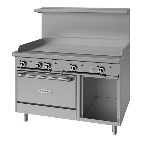 A commercial stainless steel natural gas range with a manual griddle top, a standard oven, and a cabinet base.