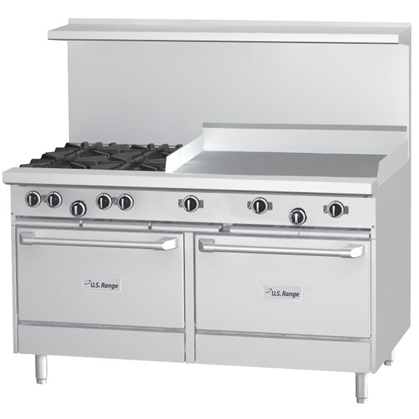 A large stainless steel U.S. Range with 4 burners, a manual griddle, and two ovens.