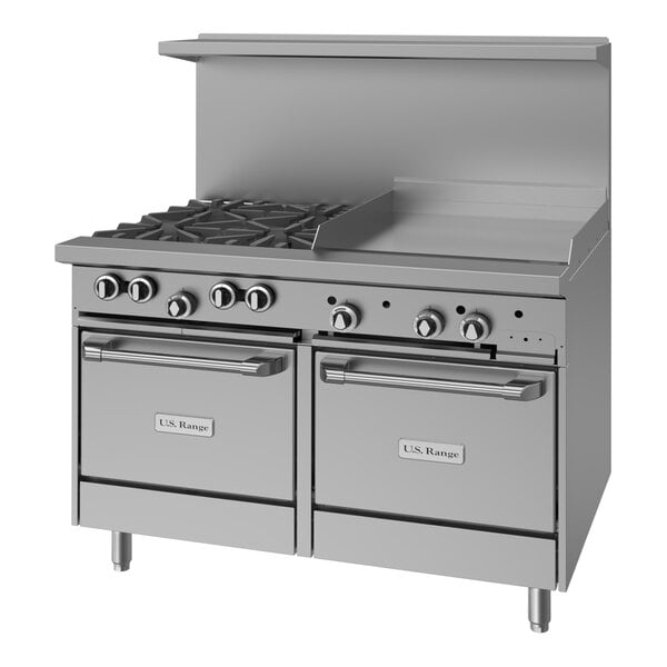 A commercial stainless steel range with four burners, a 24-inch manual griddle, and two space saver ovens.