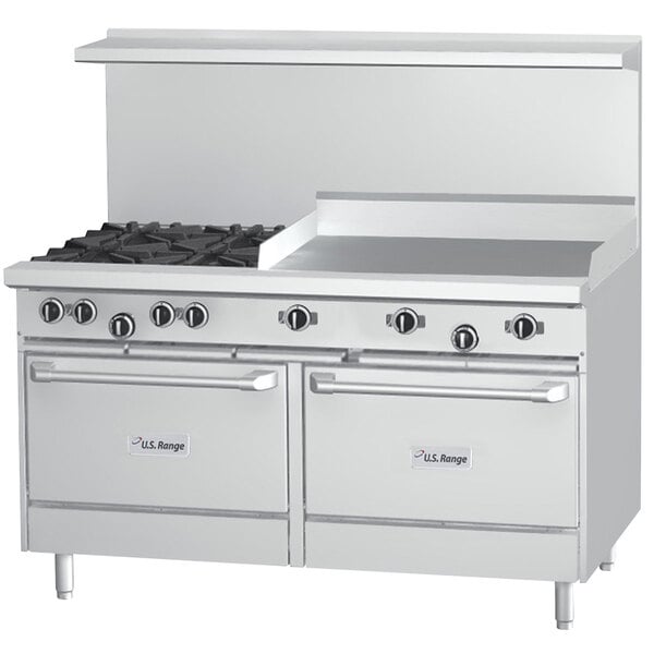 A stainless steel U.S. Range with two burners, a manual griddle, and two ovens.