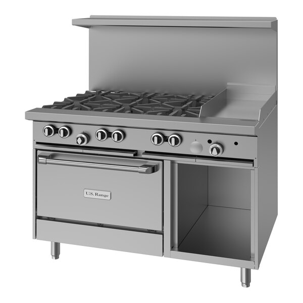 A commercial stainless steel range with six burners, a 12-inch manual griddle, a standard oven, and a cabinet base.