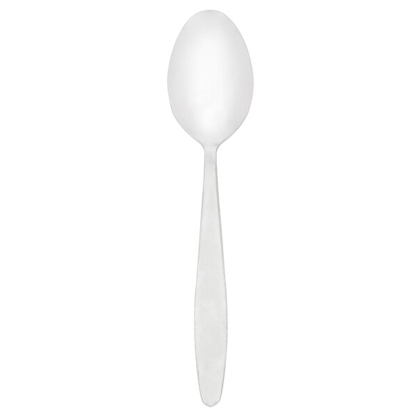 A Walco stainless steel dessert spoon with a white handle.