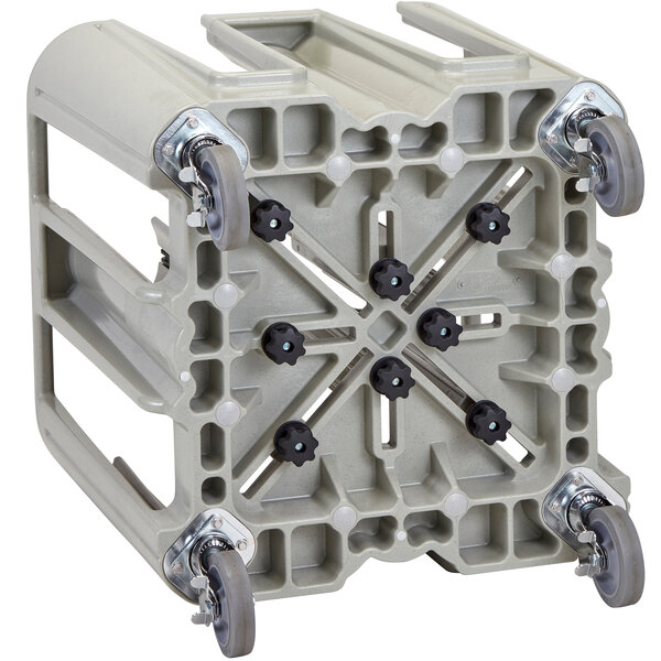 A Cambro speckled gray plastic dish dolly with wheels.