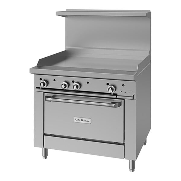 A commercial stainless steel natural gas range with a manual griddle top and a standard oven base.