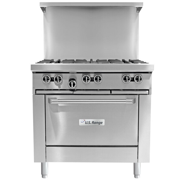 A stainless steel U.S. Range commercial gas range with 4 burners, a manual griddle, and a cabinet base.