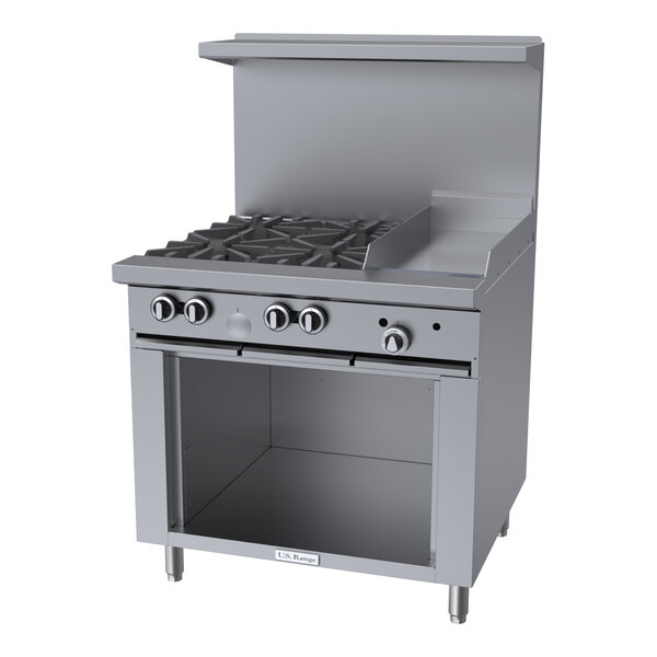 A commercial stainless steel range with four burners, a 12-inch manual griddle, and a cabinet base.