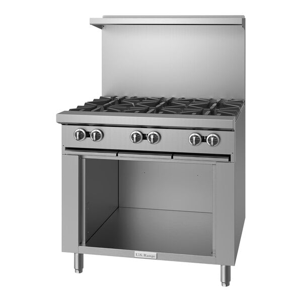 A stainless steel U.S. Range 6 burner range with cabinet base.