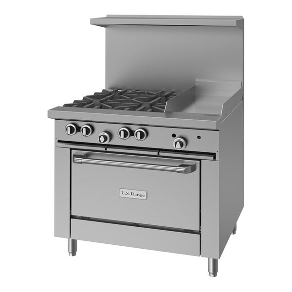 A commercial stainless steel range with four burners, a 12-inch manual griddle, and a standard oven base.
