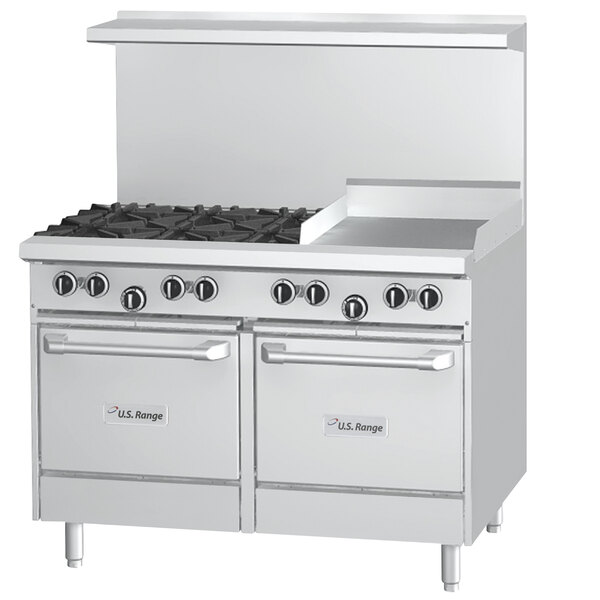 A stainless steel U.S. Range commercial gas range with two space saver ovens.