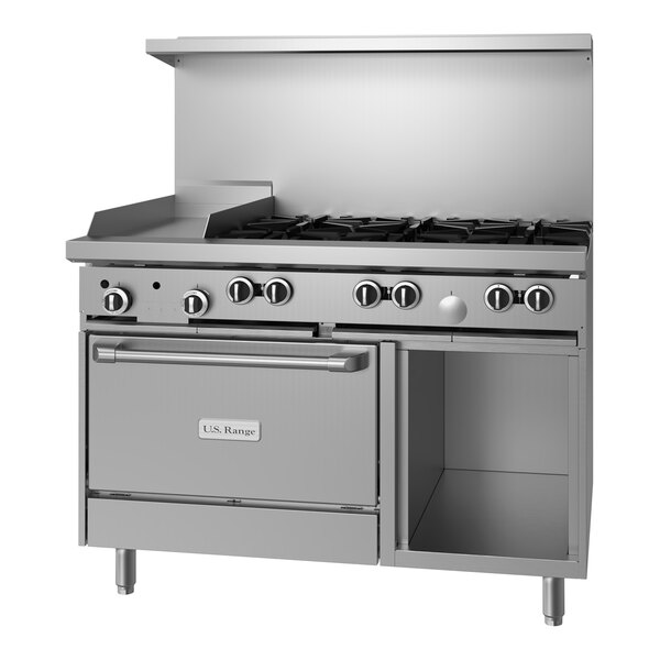 A large stainless steel U.S. Range with 6 burners, a griddle, and an oven.