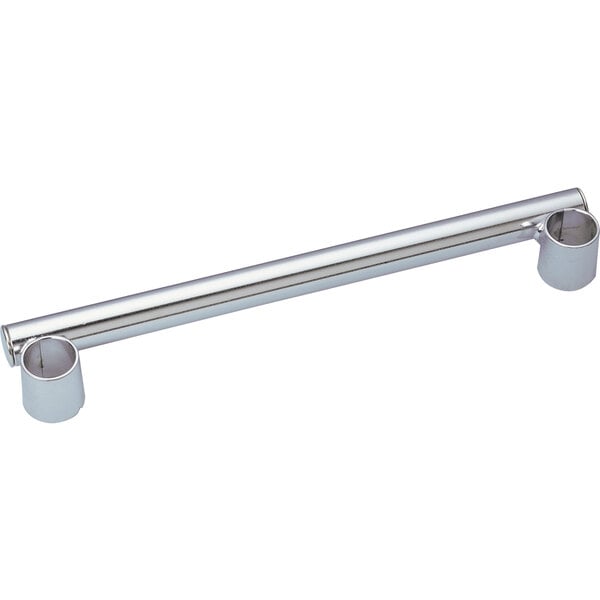 A chrome push handle with holes for a Metro Super Erecta shelving unit.