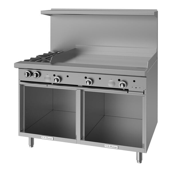 A commercial stainless steel range with two burners, a 36-inch manual griddle, and a cabinet base.
