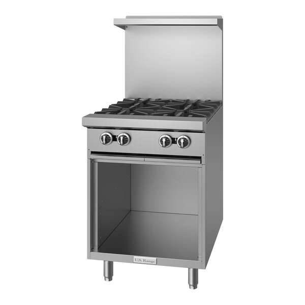 A U.S. Range stainless steel 4 burner range with a cabinet base and oven.