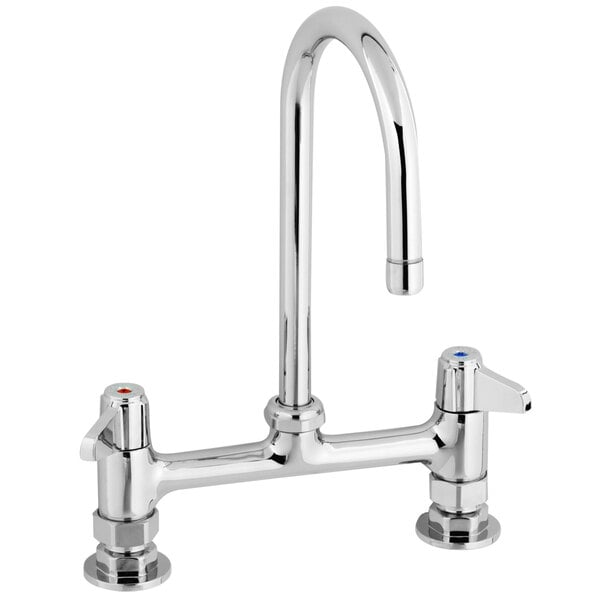 A chrome Equip by T&S deck-mounted faucet with gooseneck spout and lever handles.