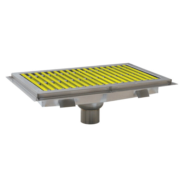 A metal floor trough with yellow fiberglass grating.