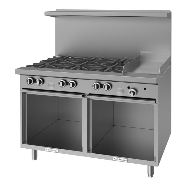 A commercial stainless steel natural gas range with six burners, a 12-inch manual griddle, and a cabinet base.