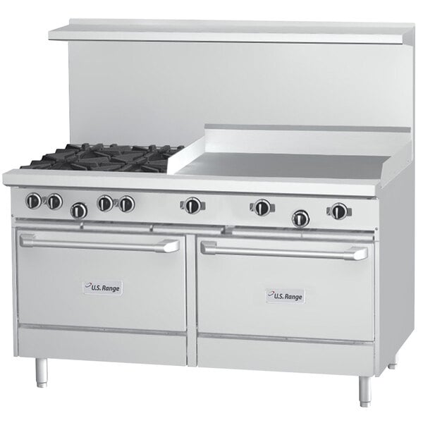A large stainless steel U.S. Range with 4 burners, a griddle, and two ovens.