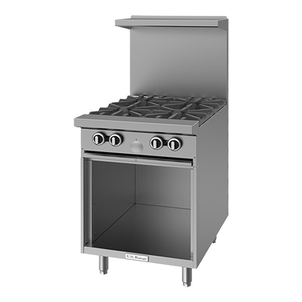 A stainless steel commercial 4-burner gas range with a cabinet base and backsplash.