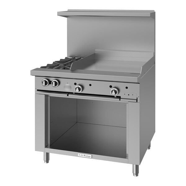 A commercial stainless steel range with two burners, a 24-inch manual griddle, and a cabinet base.