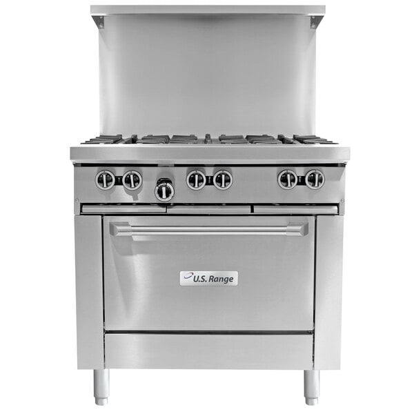 A stainless steel U.S. Range commercial gas range with a griddle top and cabinet base.