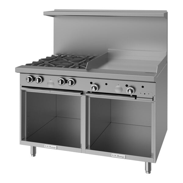 A commercial stainless steel range with four burners, a 24-inch manual griddle, and a cabinet base.