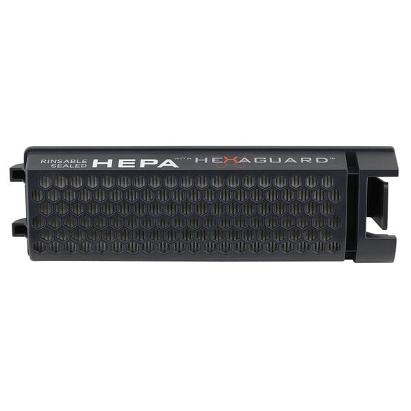 A black rectangular Hoover HEPA exhaust filter with white text and hexagons.