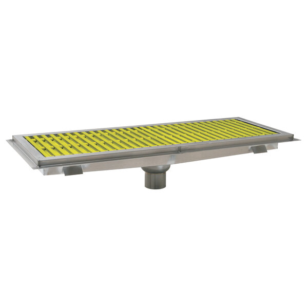A stainless steel Eagle Group floor trough with yellow fiberglass grating.