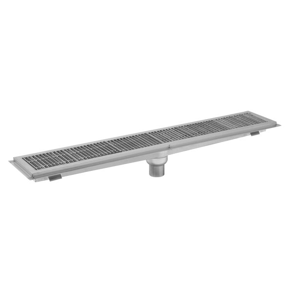 A close-up of an Eagle Group stainless steel floor trough with a stainless steel grating covering the drain hole.