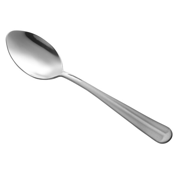 A Libbey stainless steel dessert spoon with a silver handle.