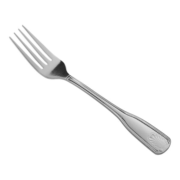 A Libbey stainless steel dinner fork with a design on the handle.