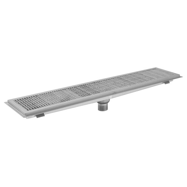 A stainless steel Eagle Group floor trough with a metal grate over the drain.
