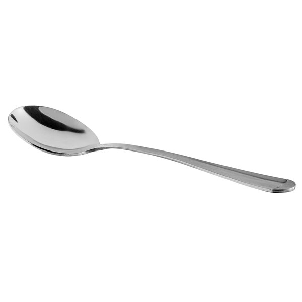 A Libbey stainless steel bouillon spoon with a silver handle.