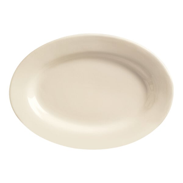 A cream white oval stoneware platter with a rolled edge.