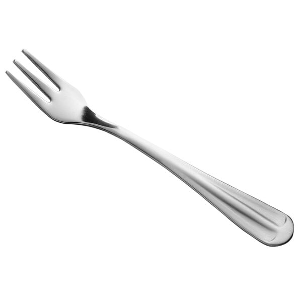 A Libbey medium weight stainless steel cocktail fork with a silver handle.