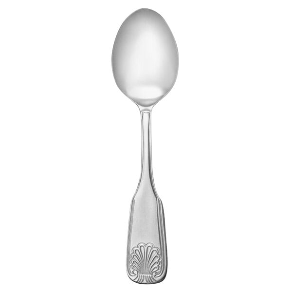 A Libbey stainless steel teaspoon with a design on the handle.