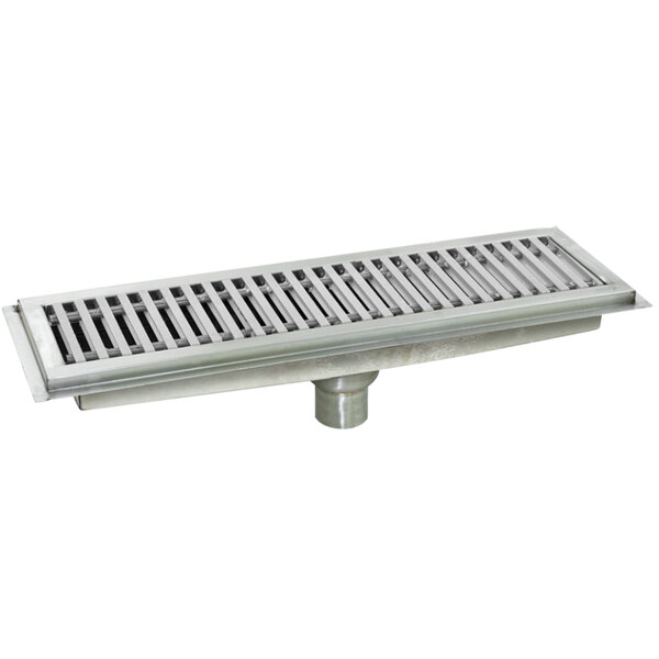 An Eagle Group stainless steel floor trough with a stainless steel drain cover.