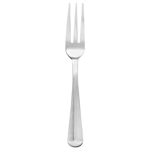 A Libbey medium weight stainless steel dinner fork with four tines and a silver handle.