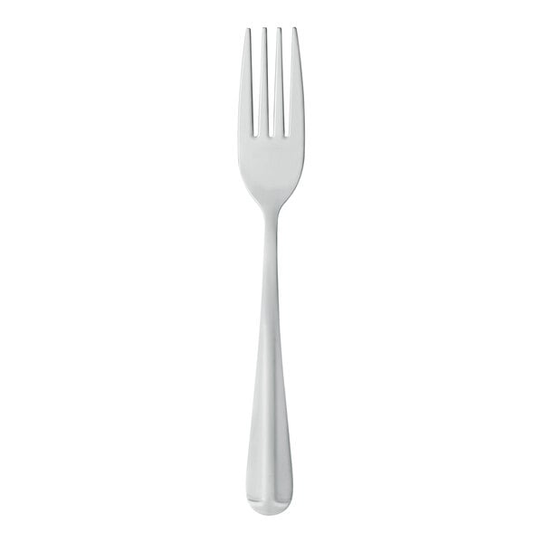 A stainless steel medium weight dinner fork with four tines.