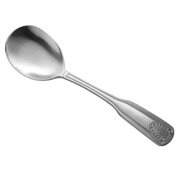 A Libbey stainless steel bouillon spoon with a long handle.