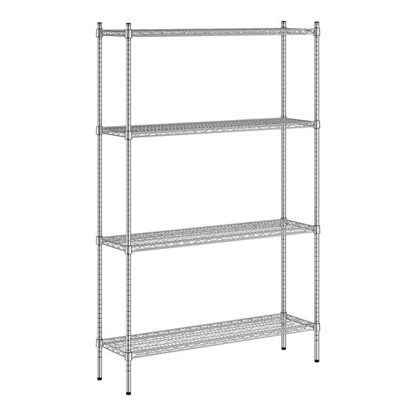 A wireframe of a Regency stainless steel wire shelving unit with four shelves.