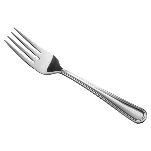 A close-up of a Libbey stainless steel salad fork with a silver handle.