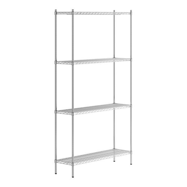 A Regency stainless steel wire shelving unit with four shelves.